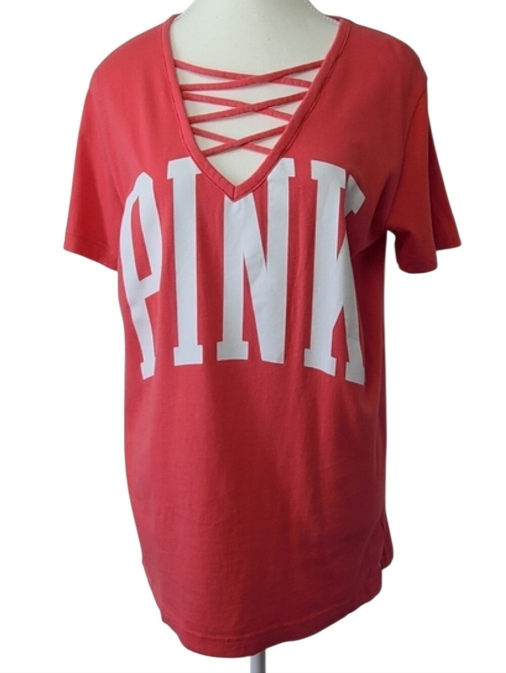 PINK Victoria's Secret Women's XS Lace-Up V-Neck Short Sleeve Tee Pink Top